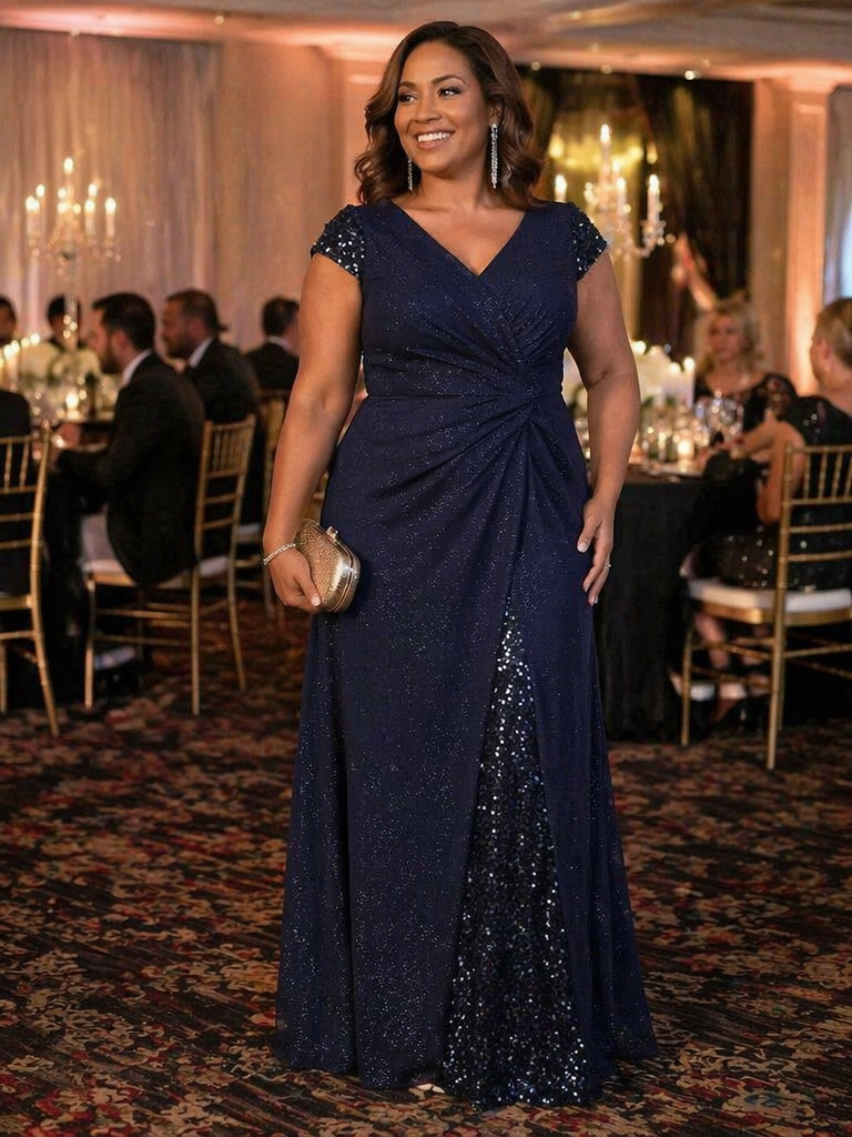 Plus Size Knotted Knit Cap Sleeve Maxi Glitter Evening Dress #color_Navy Blue