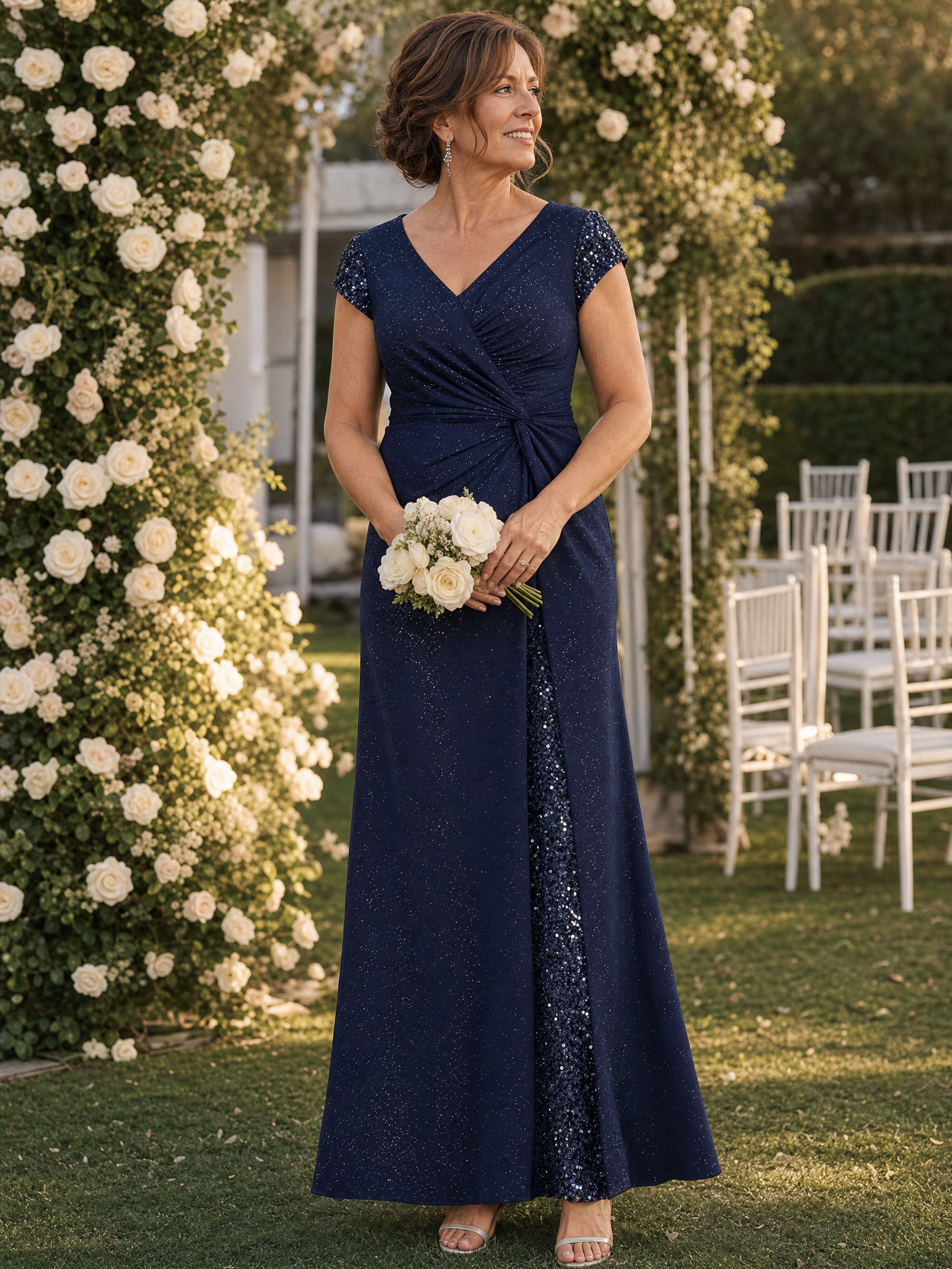 Knotted Knit Cap Sleeve Maxi Glitter Evening Dress #color_Dark Purple