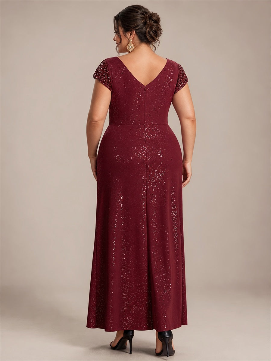 Knotted Knit Cap Sleeve Maxi Glitter Evening Dress #color_Burgundy
