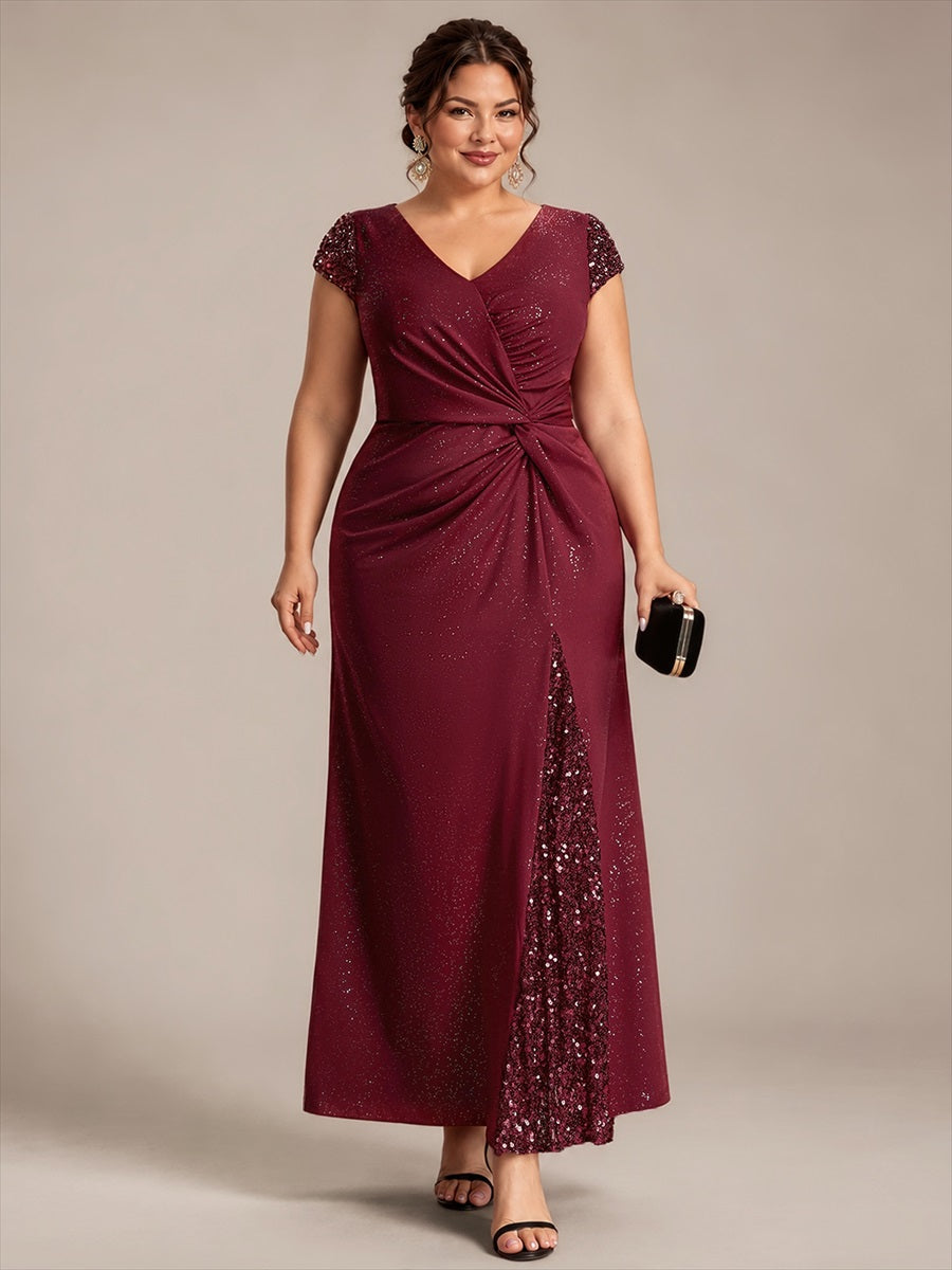 Knotted Knit Cap Sleeve Maxi Glitter Evening Dress #color_Burgundy