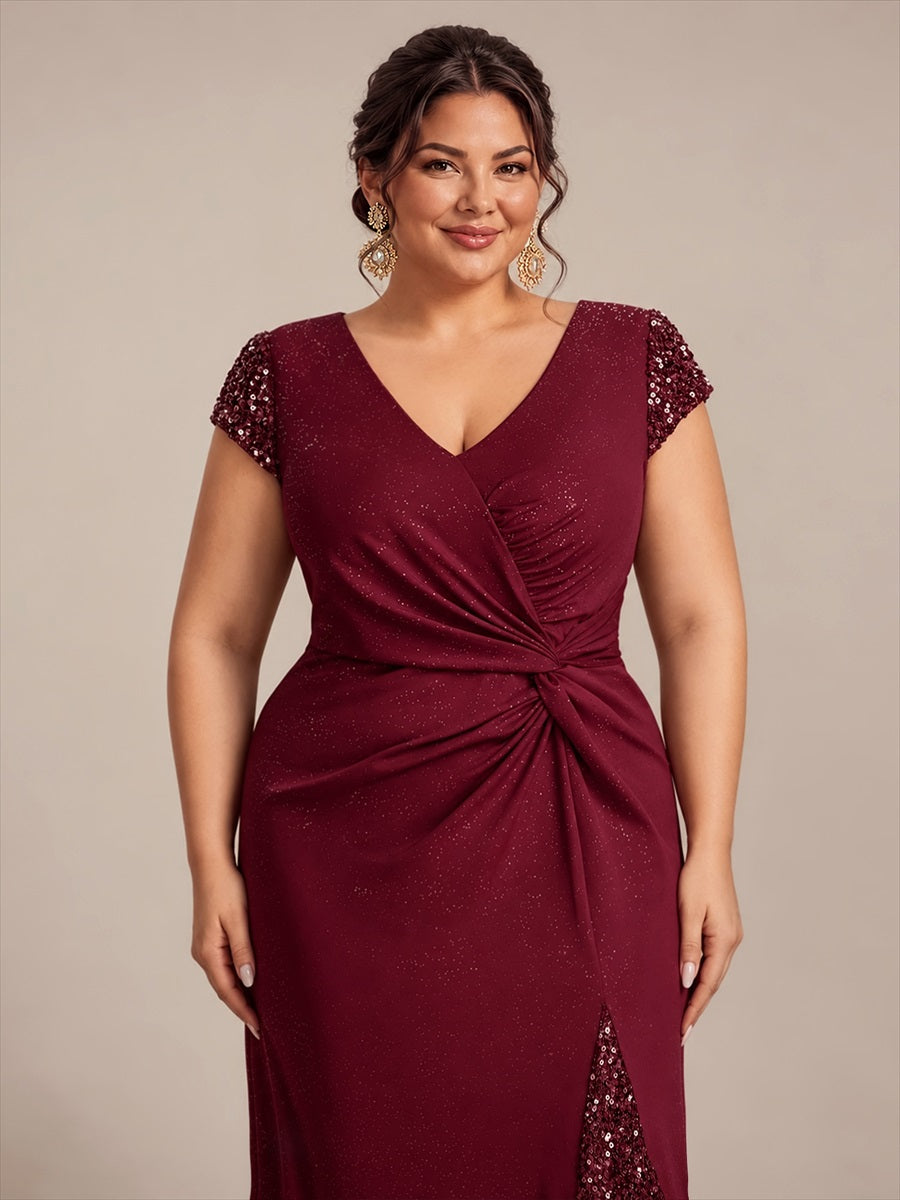 Knotted Knit Cap Sleeve Maxi Glitter Evening Dress #color_Burgundy