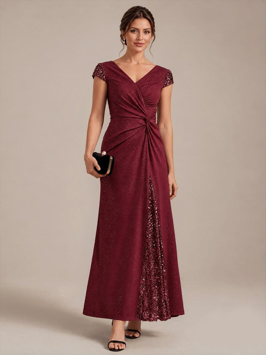 Knotted Knit Cap Sleeve Maxi Glitter Evening Dress #color_Burgundy