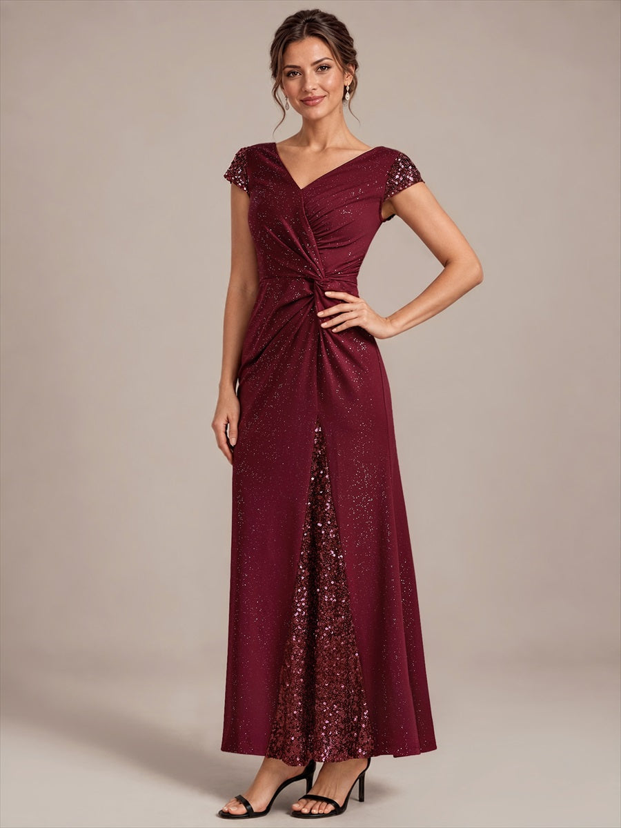 Knotted Knit Cap Sleeve Maxi Glitter Evening Dress #color_Burgundy