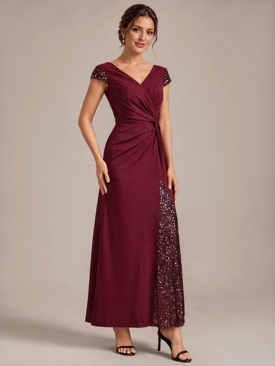 Knotted Knit Cap Sleeve Maxi Glitter Evening Dress #color_Burgundy