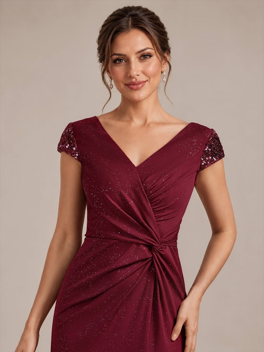 Knotted Knit Cap Sleeve Maxi Glitter Evening Dress #color_Burgundy