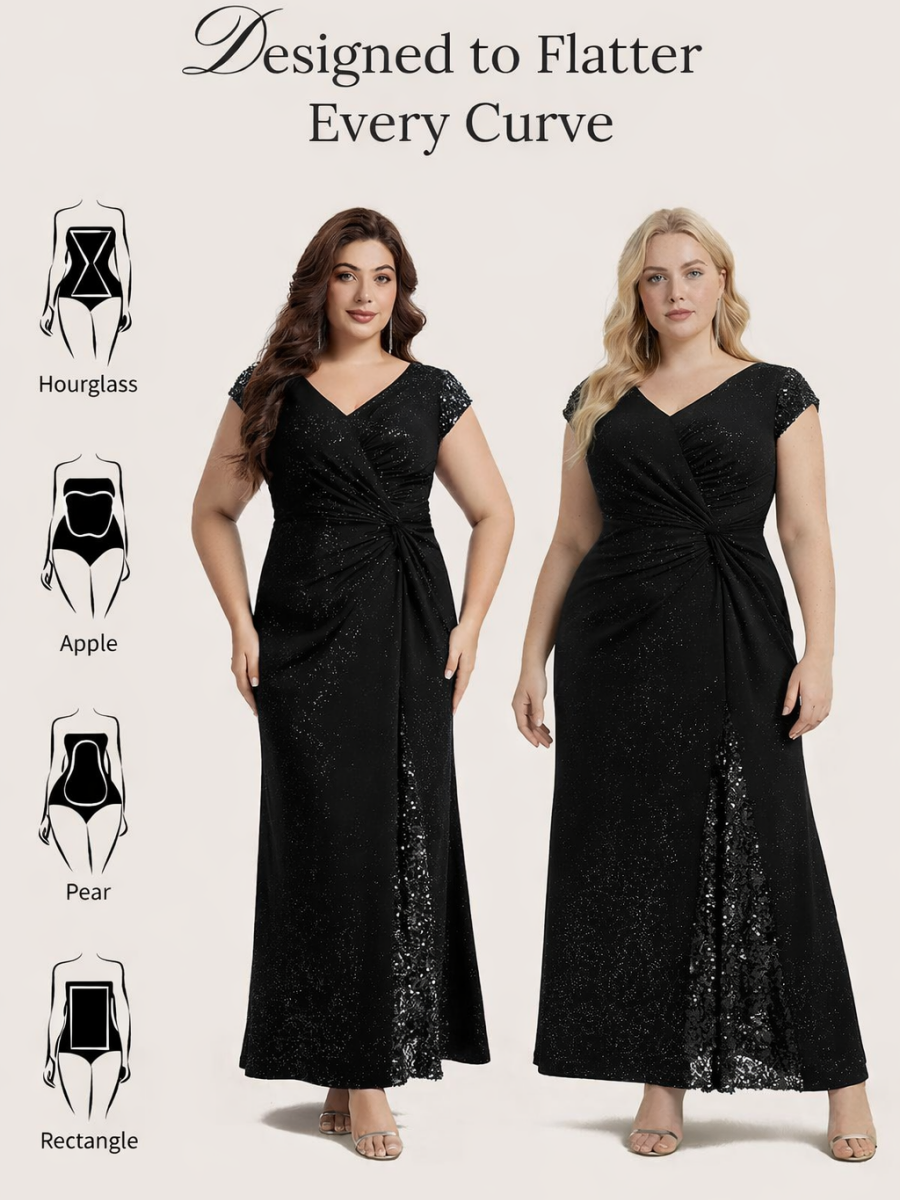 Knotted Knit Cap Sleeve Maxi Glitter Evening Dress #color_Black