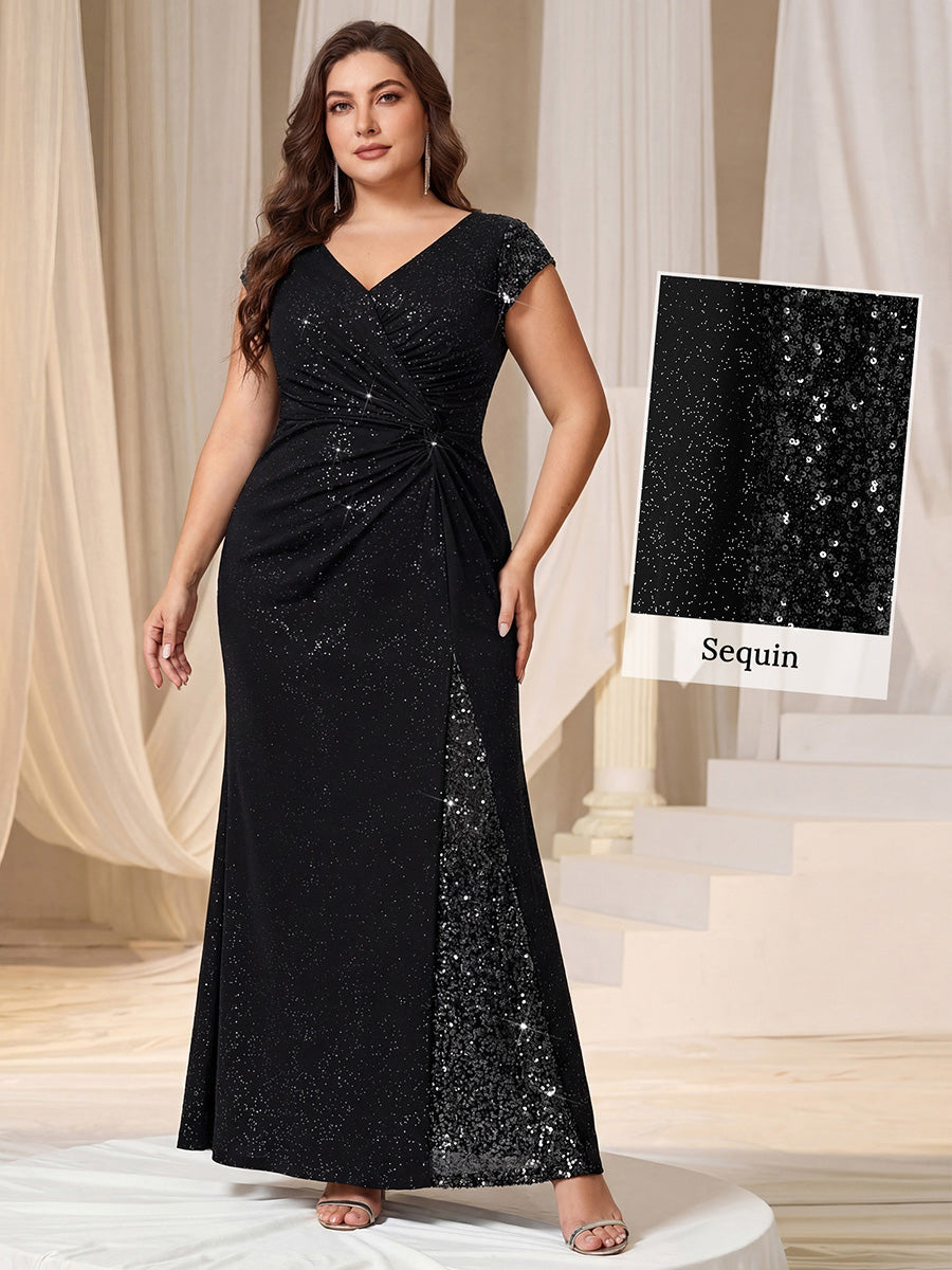 Knotted Knit Cap Sleeve Maxi Glitter Evening Dress #color_Black