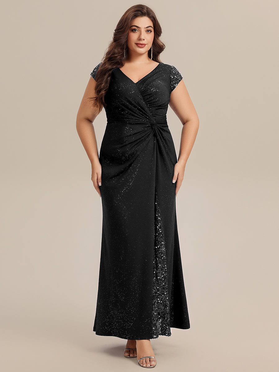 Knotted Knit Cap Sleeve Maxi Glitter Evening Dress #color_Black