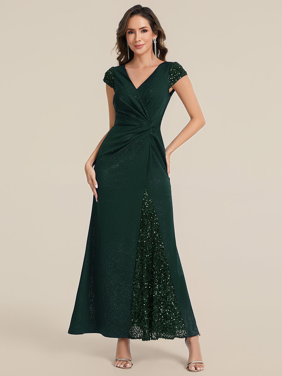 Knotted Knit Cap Sleeve Maxi Glitter Evening Dress #color_Dark Green