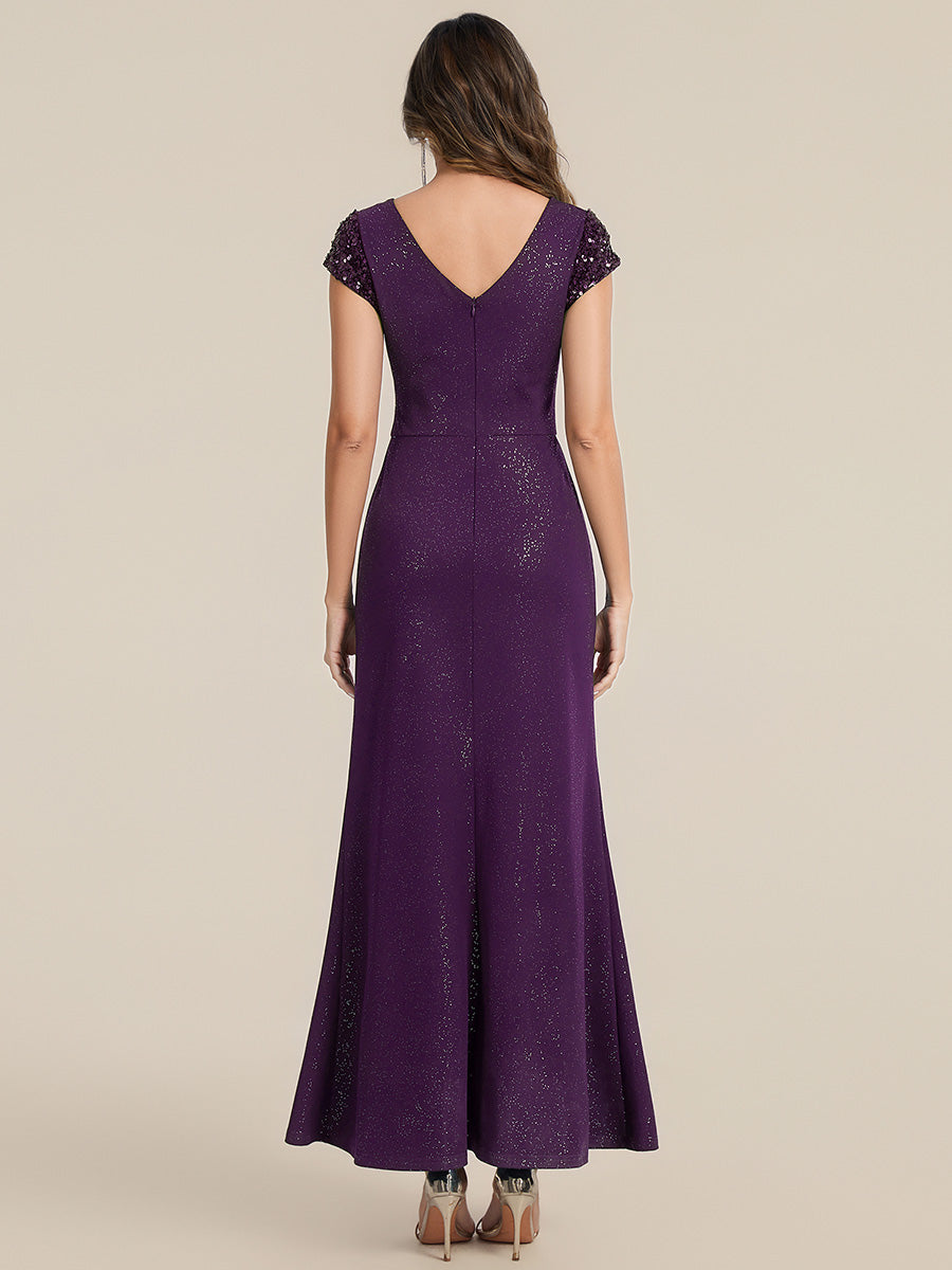 Knotted Knit Cap Sleeve Maxi Glitter Evening Dress #color_Dark Purple