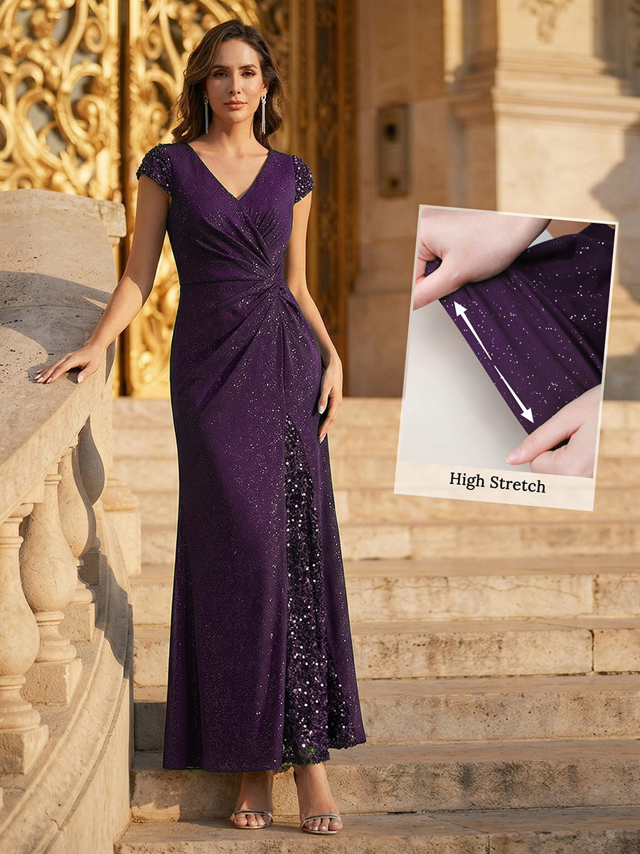 Knotted Knit Cap Sleeve Maxi Glitter Evening Dress #color_Dark Purple