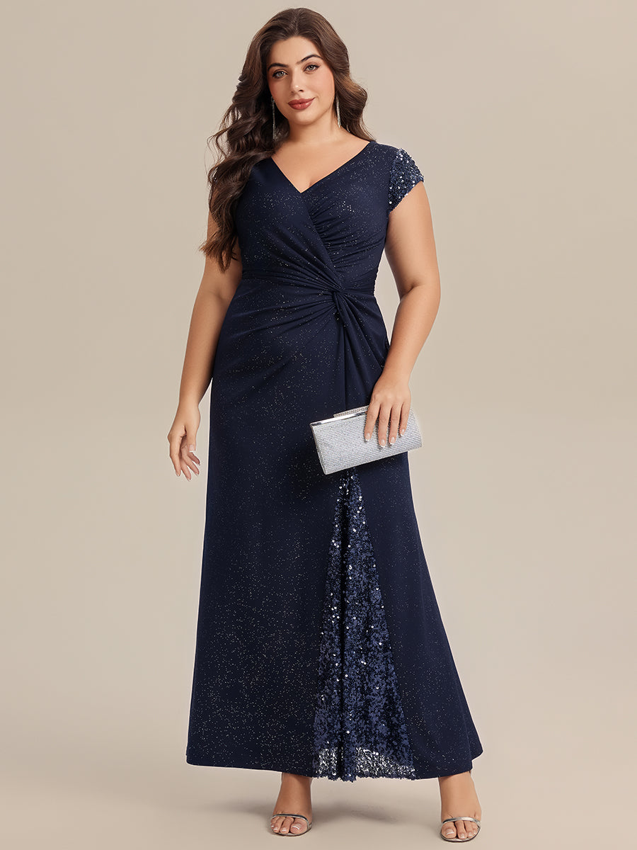 Knotted Knit Cap Sleeve Maxi Glitter Evening Dress #color_Navy Blue