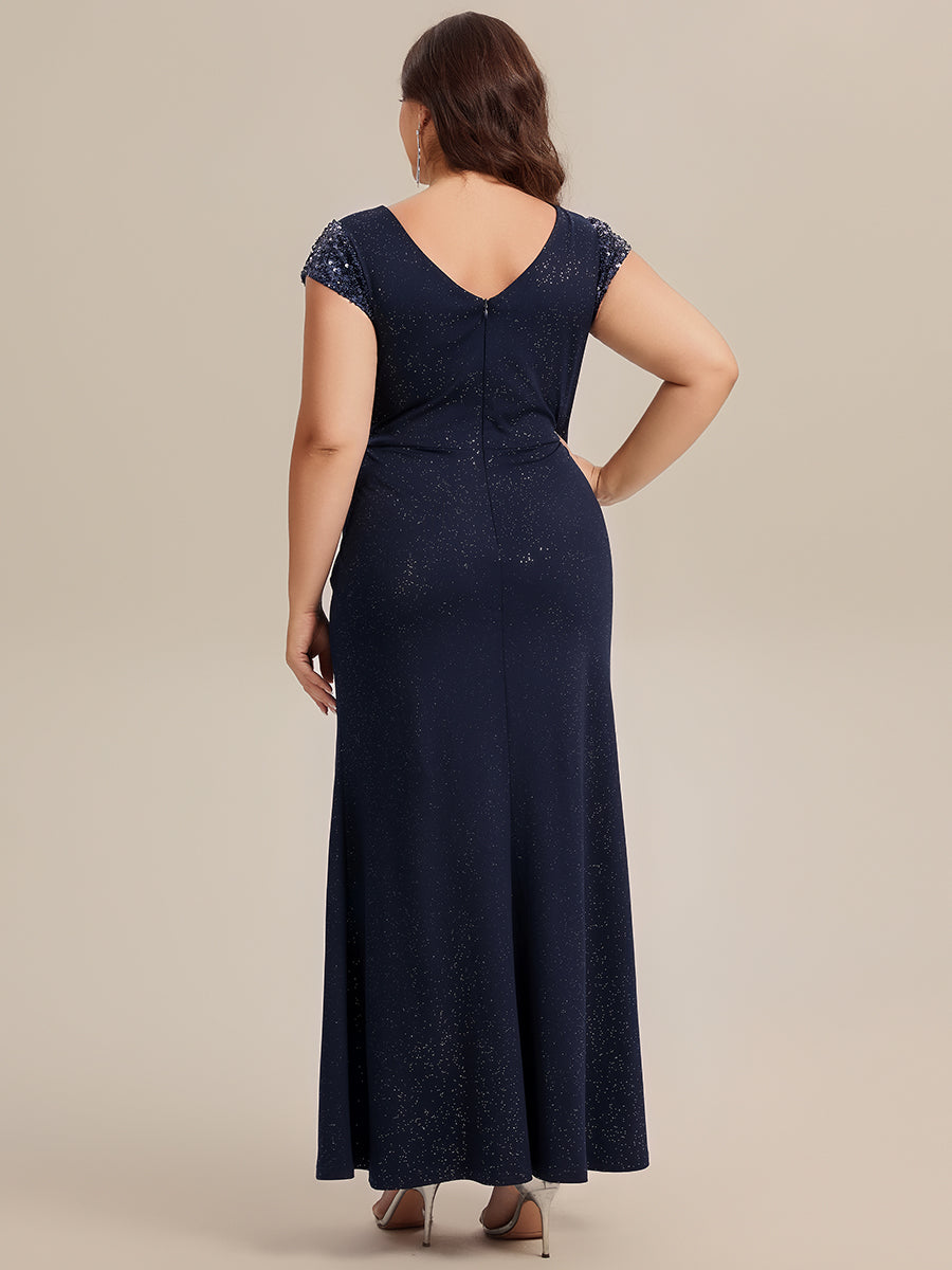 Knotted Knit Cap Sleeve Maxi Glitter Evening Dress #color_Navy Blue