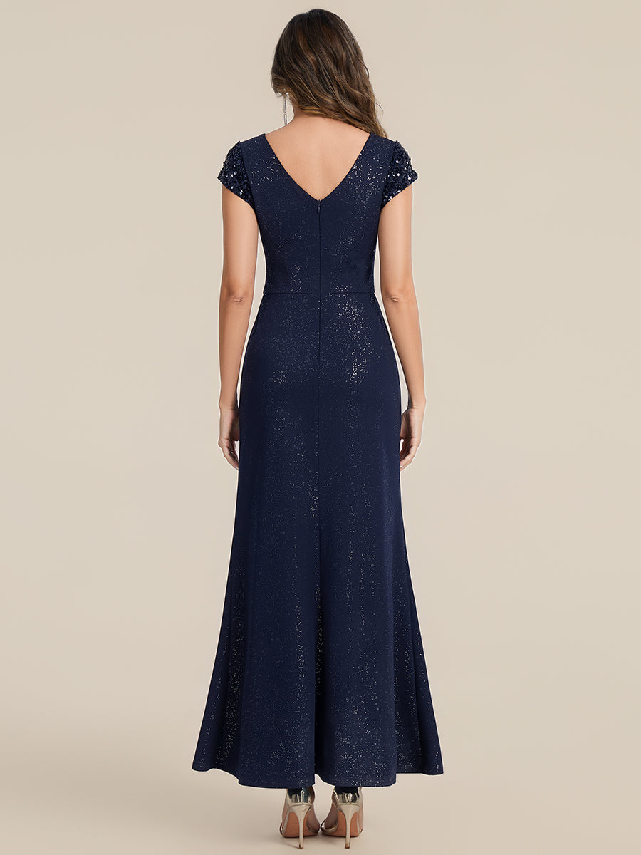 Knotted Knit Cap Sleeve Maxi Glitter Evening Dress #color_Navy Blue