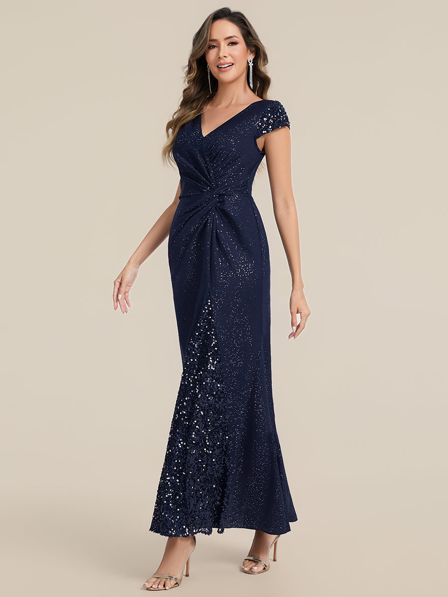 Knotted Knit Cap Sleeve Maxi Glitter Evening Dress #color_Navy Blue