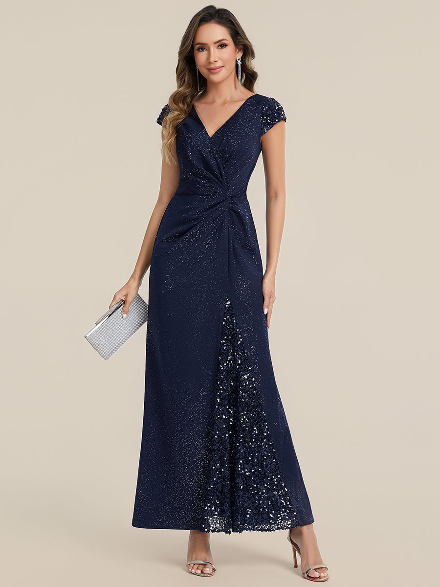 Knotted Knit Cap Sleeve Maxi Glitter Evening Dress #color_Navy Blue