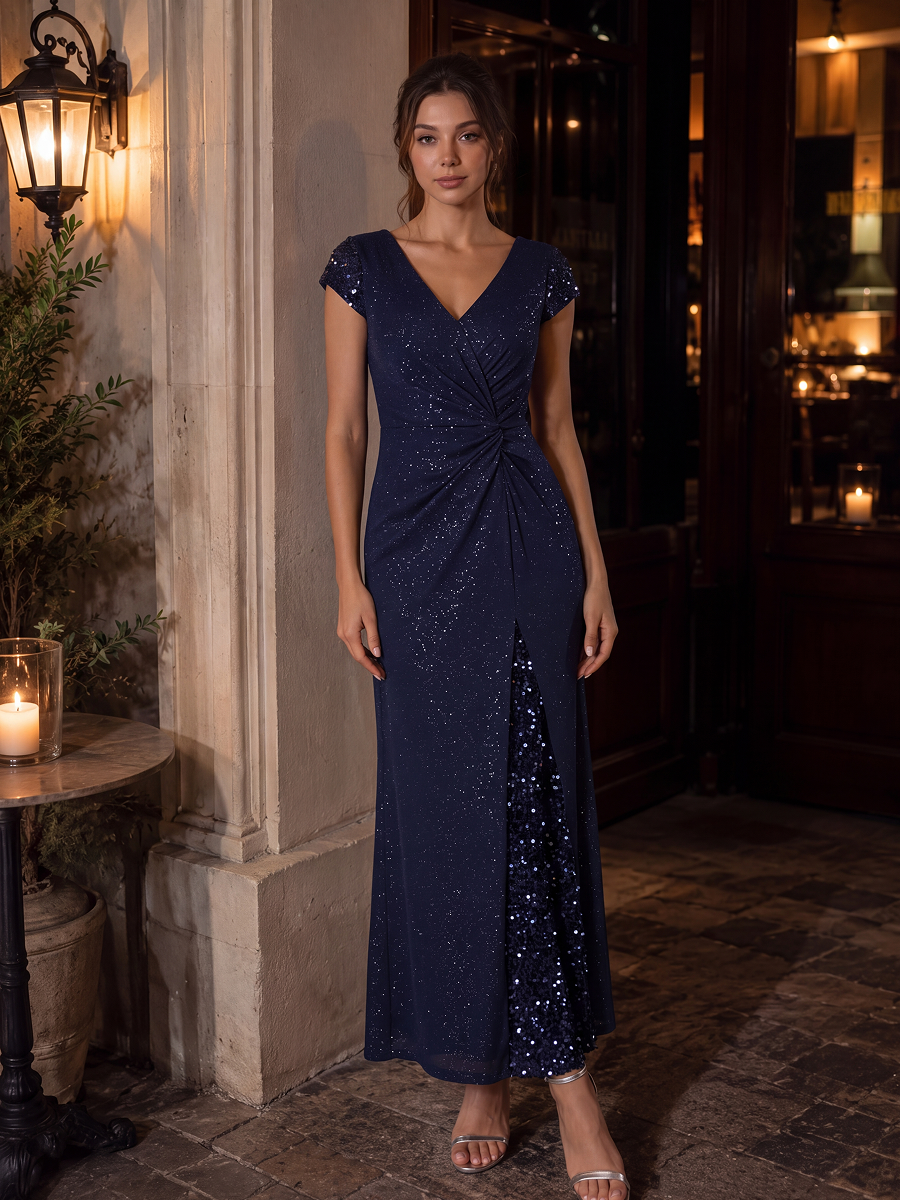 Knotted Knit Cap Sleeve Maxi Glitter Evening Dress #color_Navy Blue
