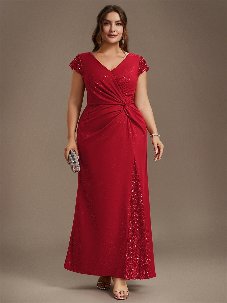 Knotted Knit Cap Sleeve Maxi Glitter Evening Dress #color_Red