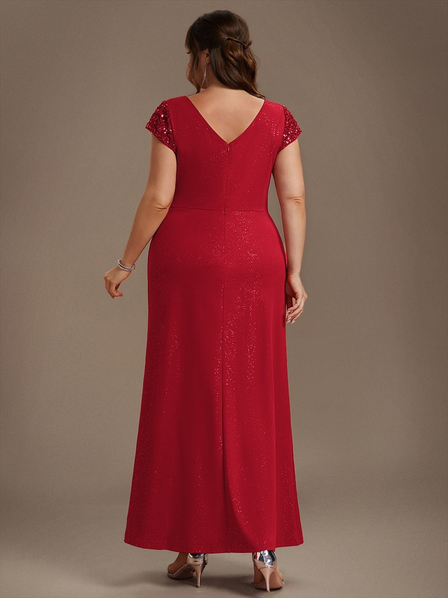 Knotted Knit Cap Sleeve Maxi Glitter Evening Dress #color_Red
