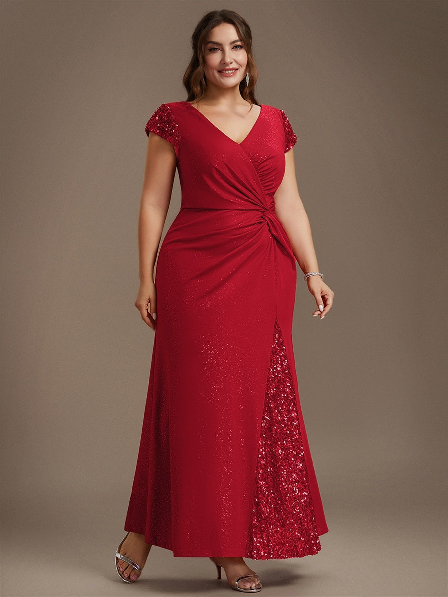 Knotted Knit Cap Sleeve Maxi Glitter Evening Dress #color_Red