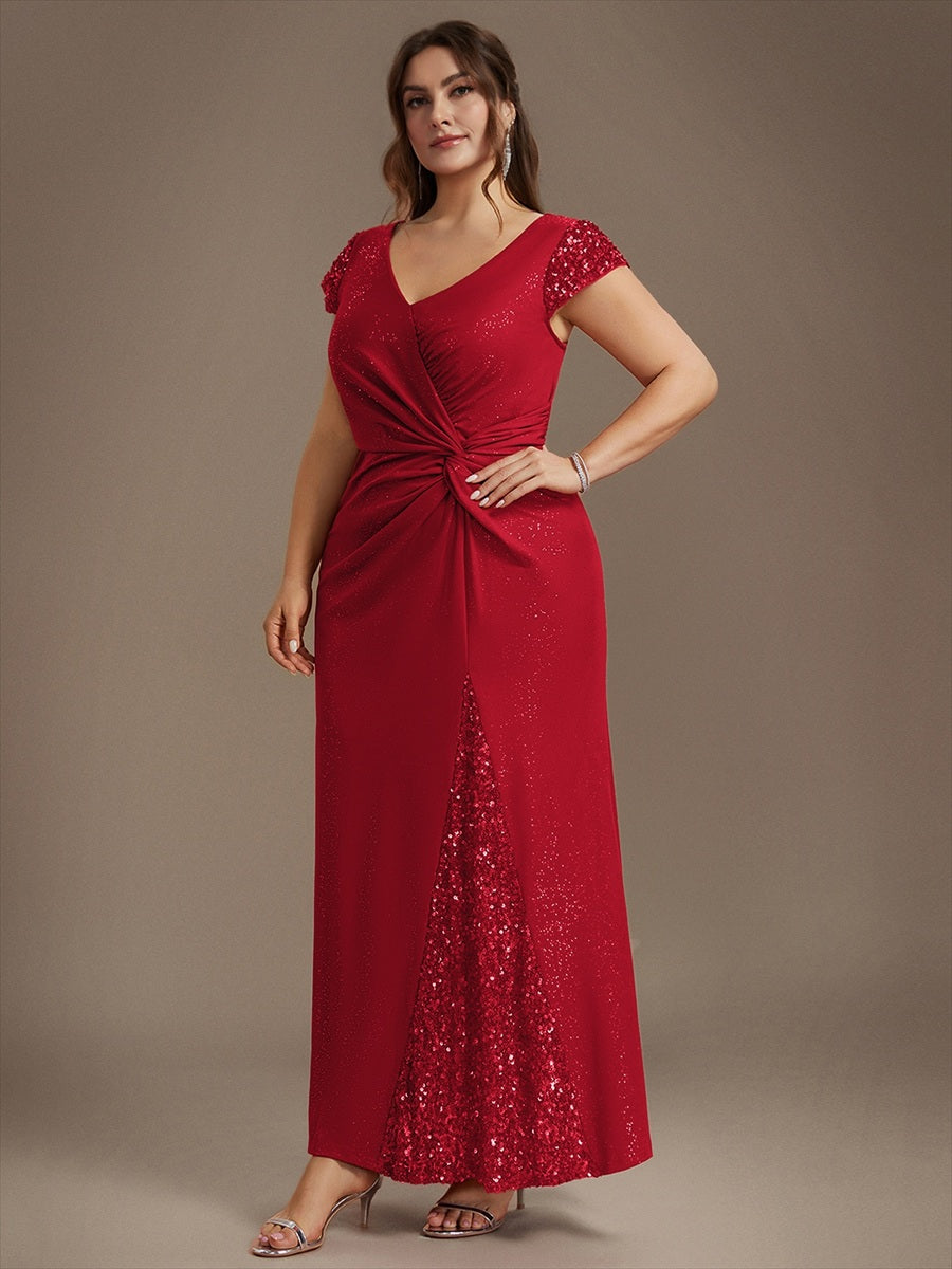 Knotted Knit Cap Sleeve Maxi Glitter Evening Dress #color_Red