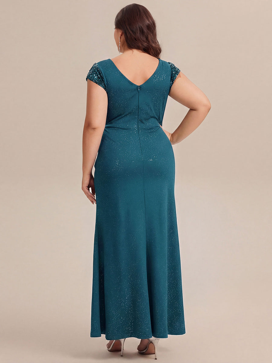 Knotted Knit Cap Sleeve Maxi Glitter Evening Dress #color_Teal
