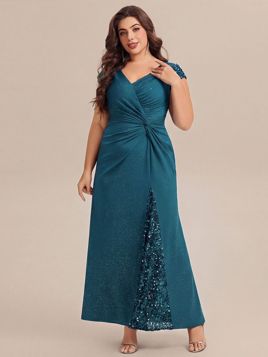 Knotted Knit Cap Sleeve Maxi Glitter Evening Dress #color_Teal