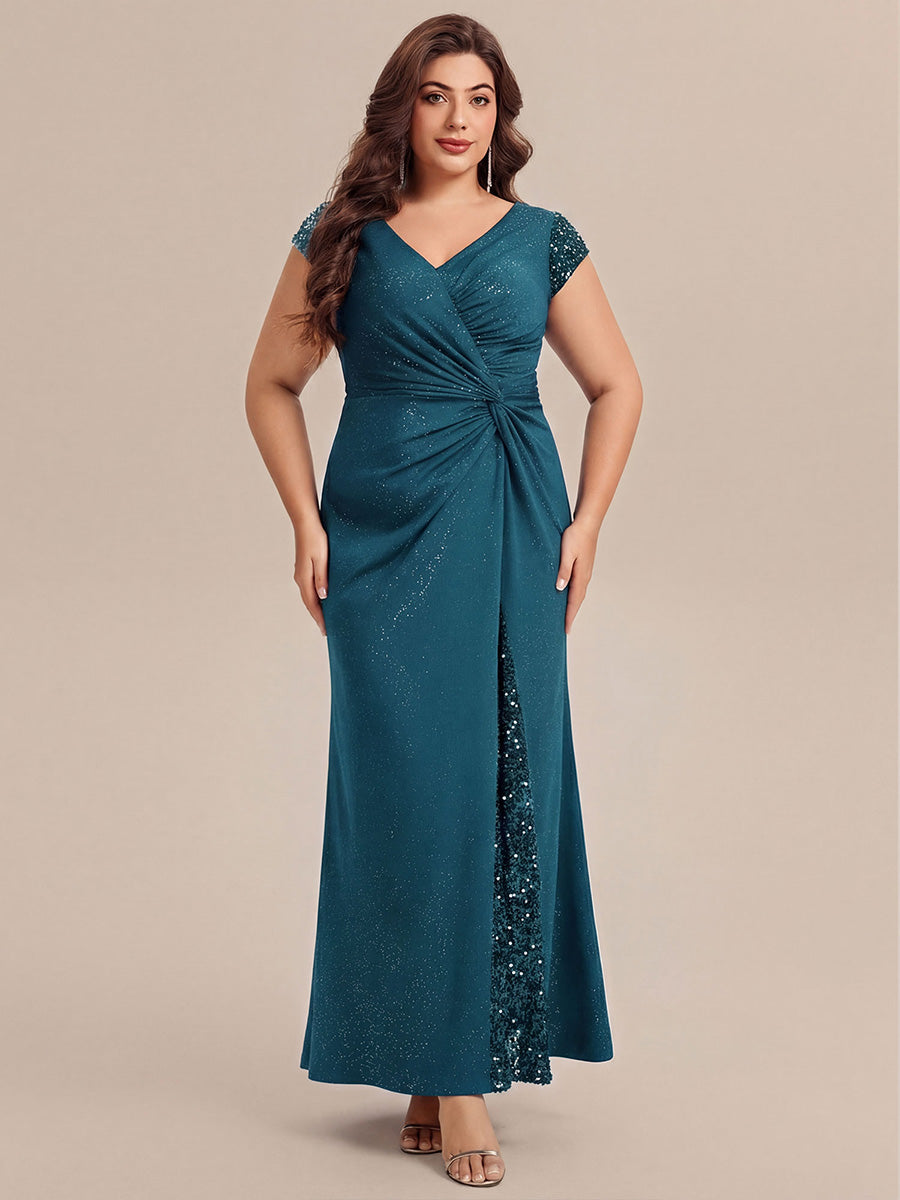 Knotted Knit Cap Sleeve Maxi Glitter Evening Dress #color_Teal