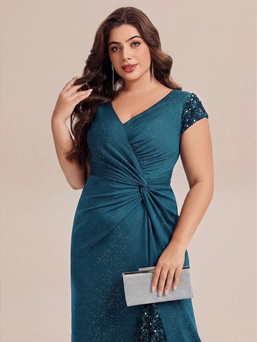 Knotted Knit Cap Sleeve Maxi Glitter Evening Dress #color_Teal