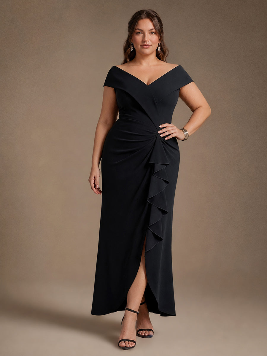 Plus Size Slit Crepe Evening Dress #color_Black
