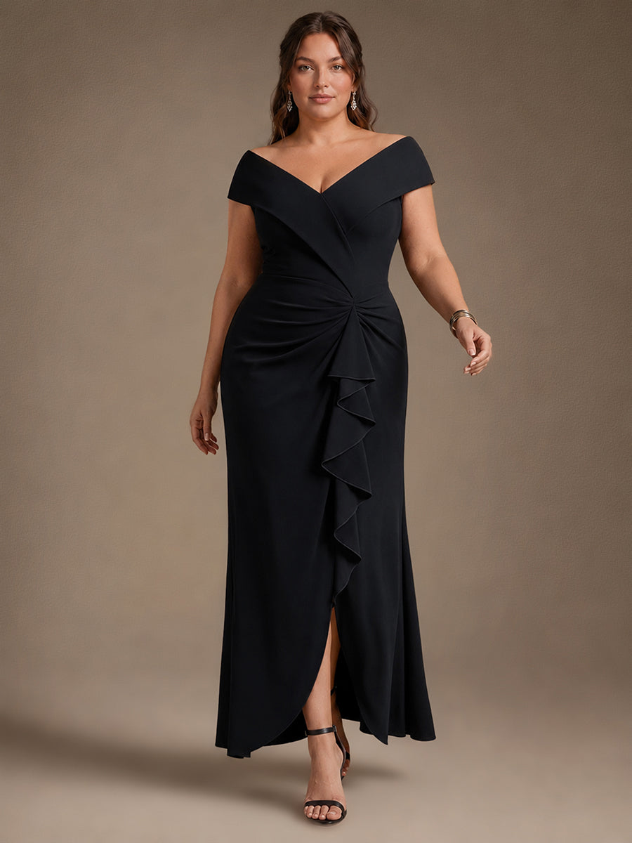 Plus Size Slit Crepe Evening Dress #color_Black