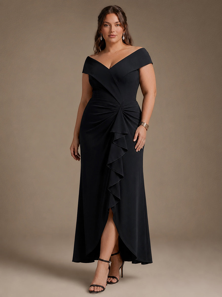 Plus Size Slit Crepe Evening Dress #color_Black