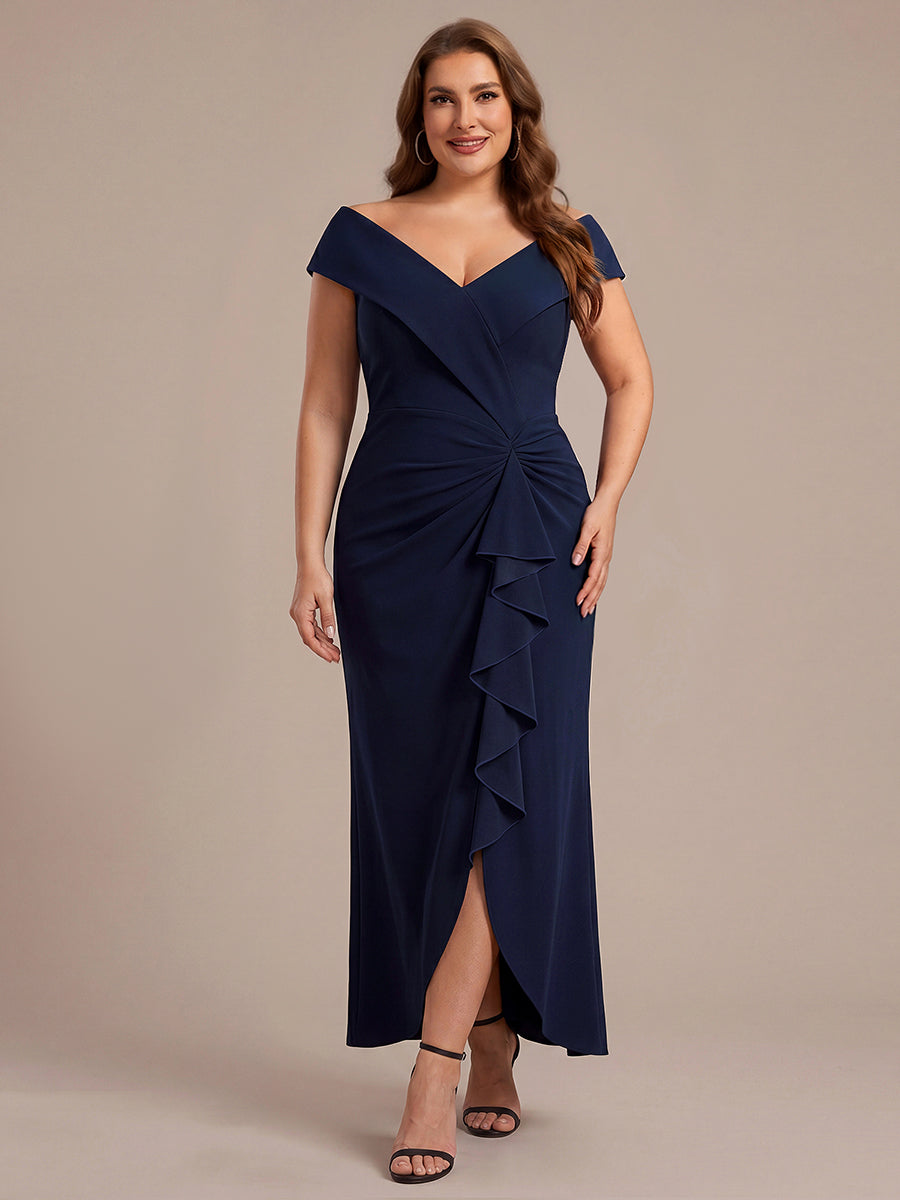 Plus Size Slit Crepe Evening Dress #color_Navy Blue