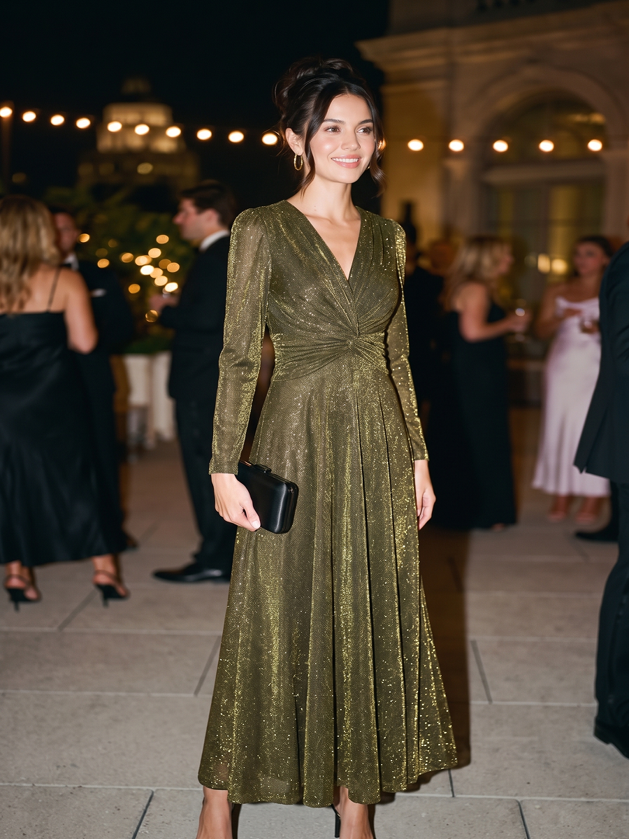 Knot Detail Knit Glitter Long Sleeve Wedding Guest Dress #color_Metallic Gold