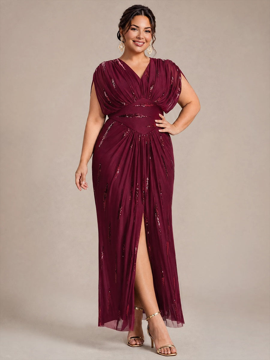 Sequin Tulle Batwing Sleeve Evening Dress #color_Burgundy
