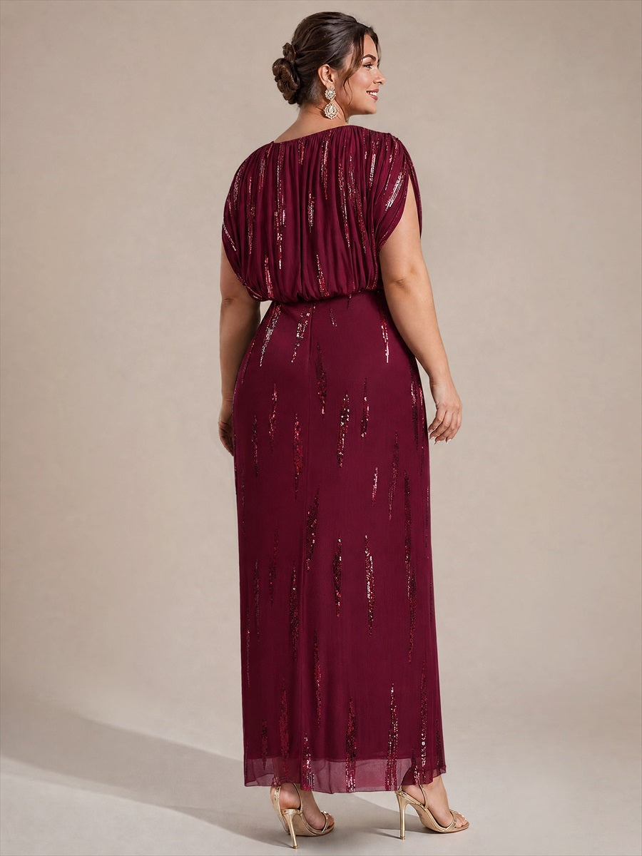 Sequin Tulle Batwing Sleeve Evening Dress #color_Burgundy
