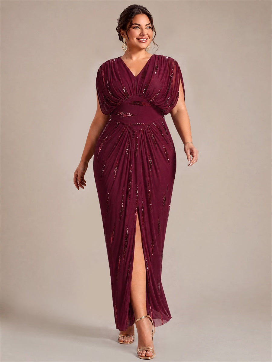 Sequin Tulle Batwing Sleeve Evening Dress #color_Burgundy