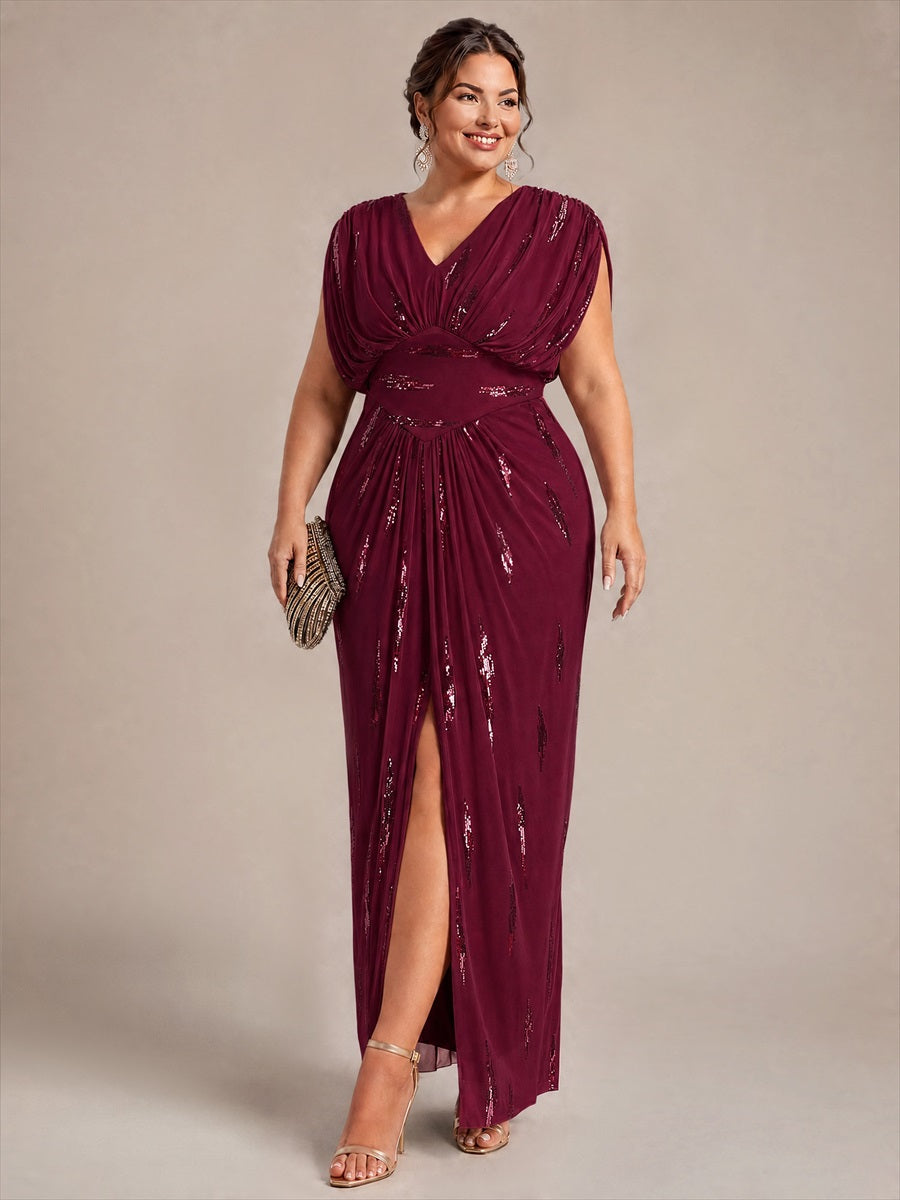 Sequin Tulle Batwing Sleeve Evening Dress #color_Burgundy