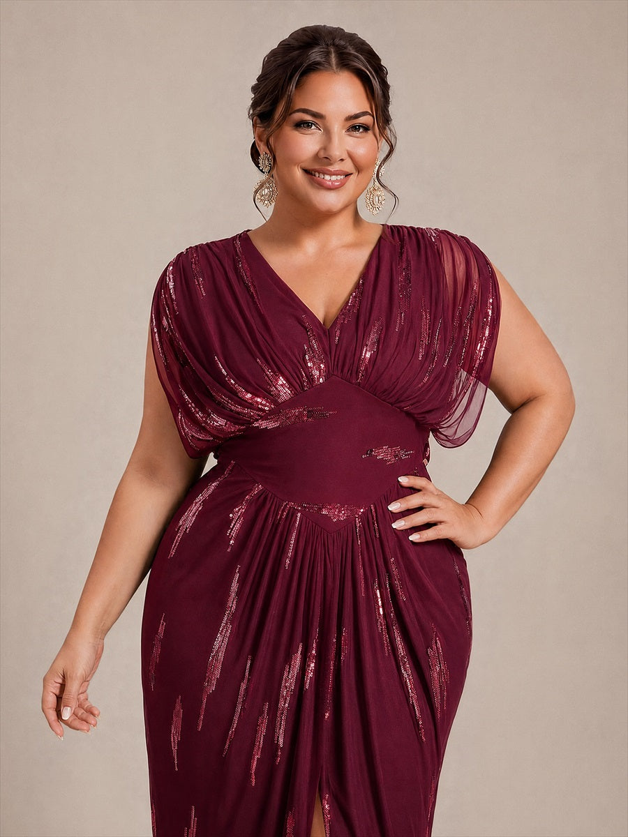 Sequin Tulle Batwing Sleeve Evening Dress #color_Burgundy