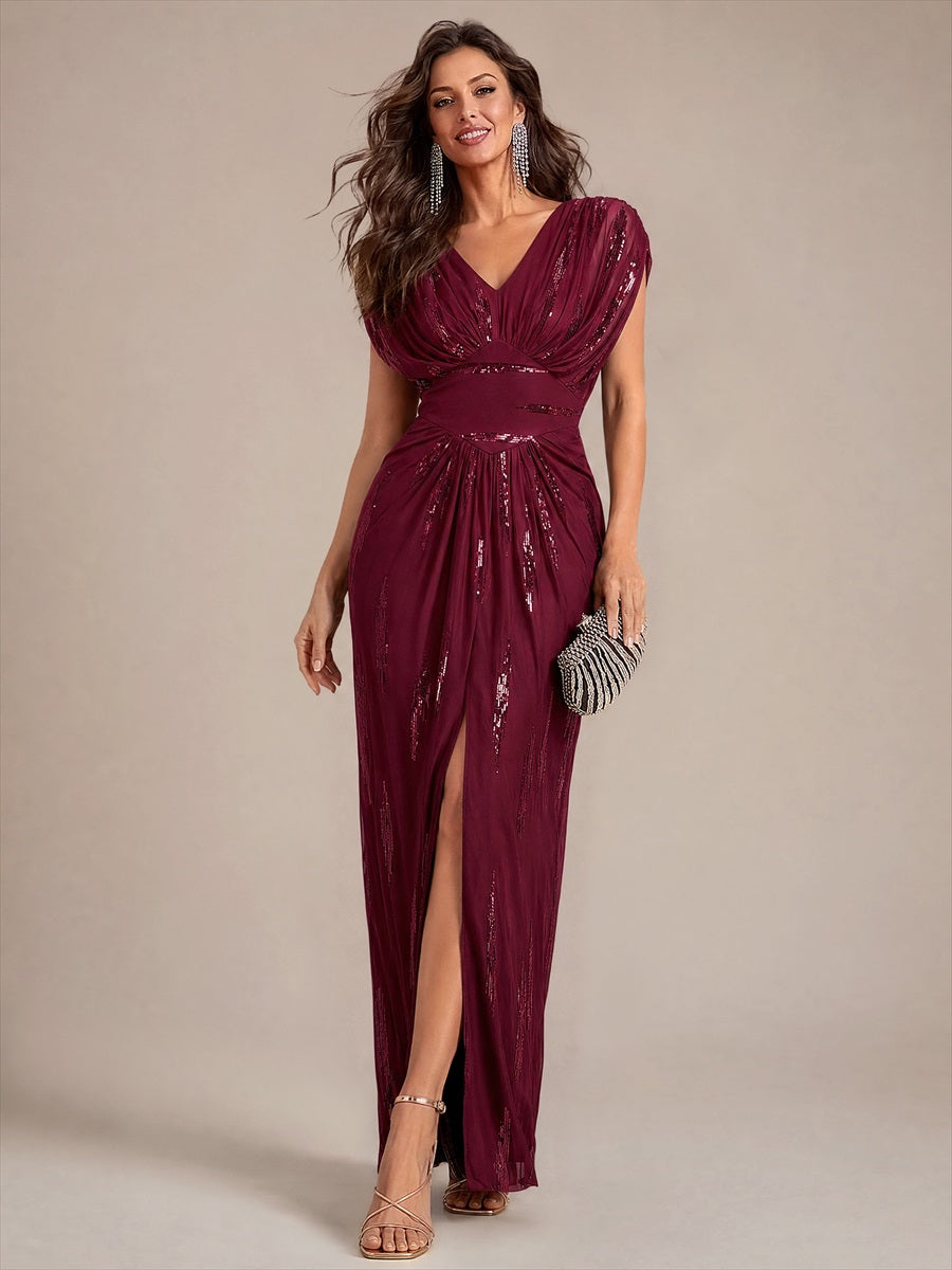 Sequin Tulle Batwing Sleeve Evening Dress #color_Burgundy