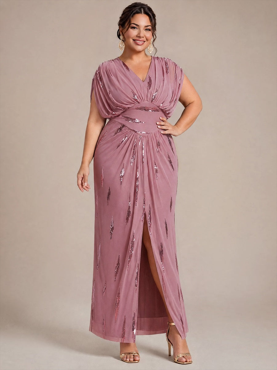Sequin Tulle Batwing Sleeve Evening Dress #color_Purple Orchid