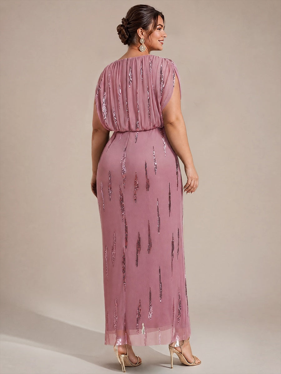 Sequin Tulle Batwing Sleeve Evening Dress #color_Purple Orchid