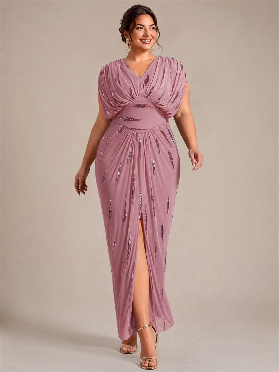 Sequin Tulle Batwing Sleeve Evening Dress #color_Purple Orchid