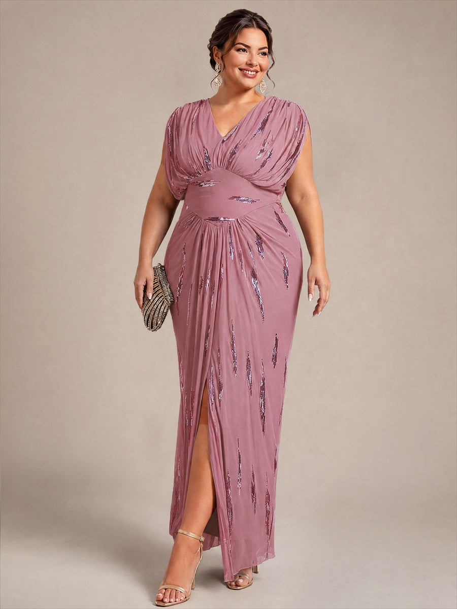 Sequin Tulle Batwing Sleeve Evening Dress #color_Purple Orchid