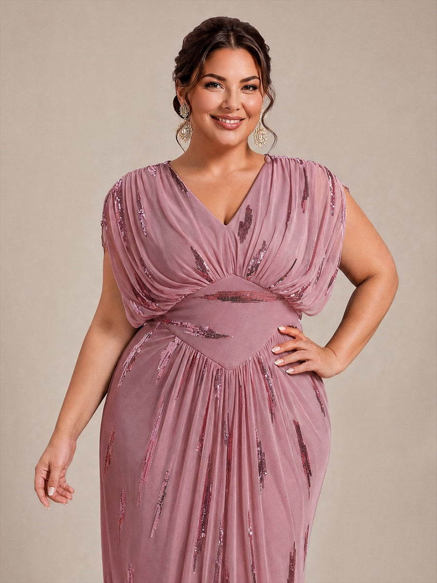 Sequin Tulle Batwing Sleeve Evening Dress #color_Purple Orchid