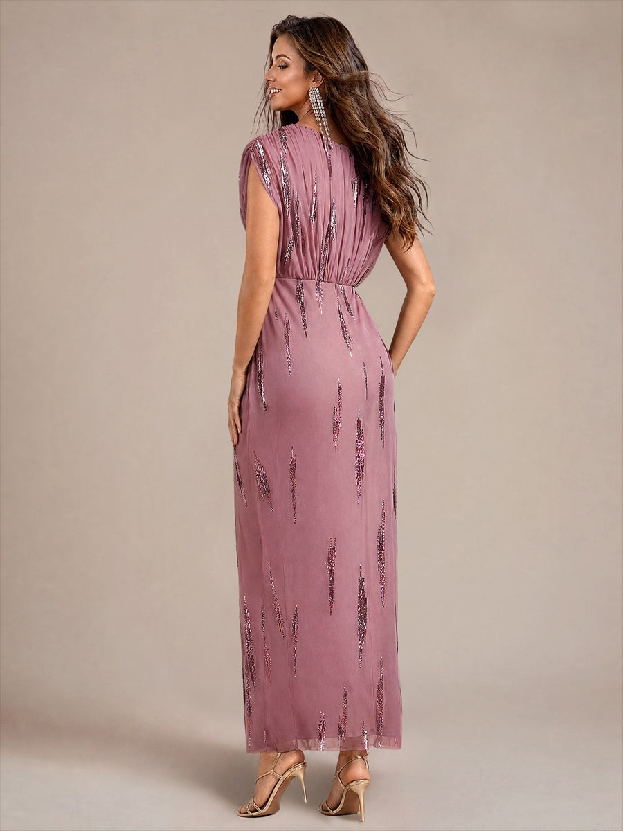 Sequin Tulle Batwing Sleeve Evening Dress #color_Purple Orchid