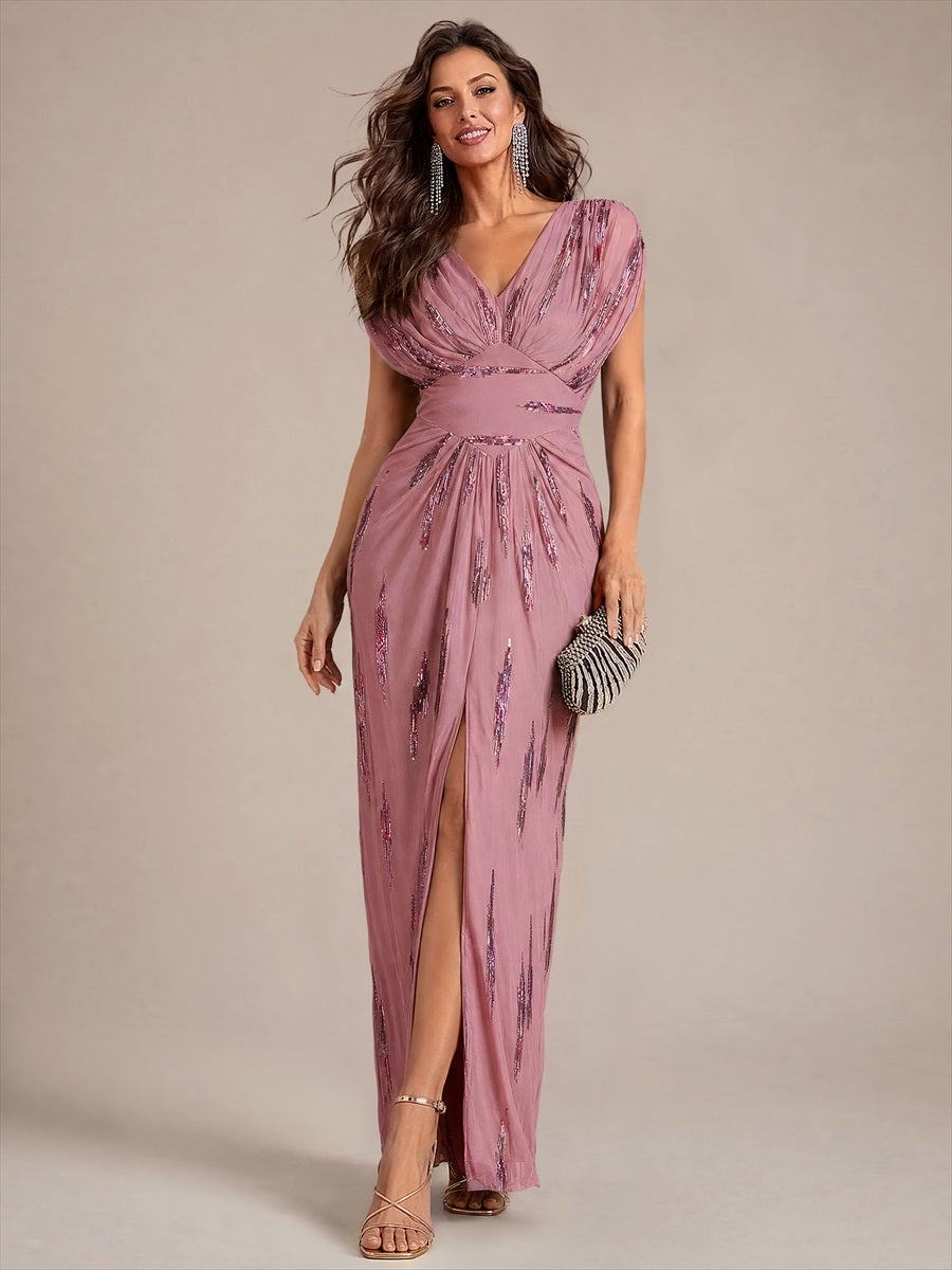 Sequin Tulle Batwing Sleeve Evening Dress #color_Purple Orchid