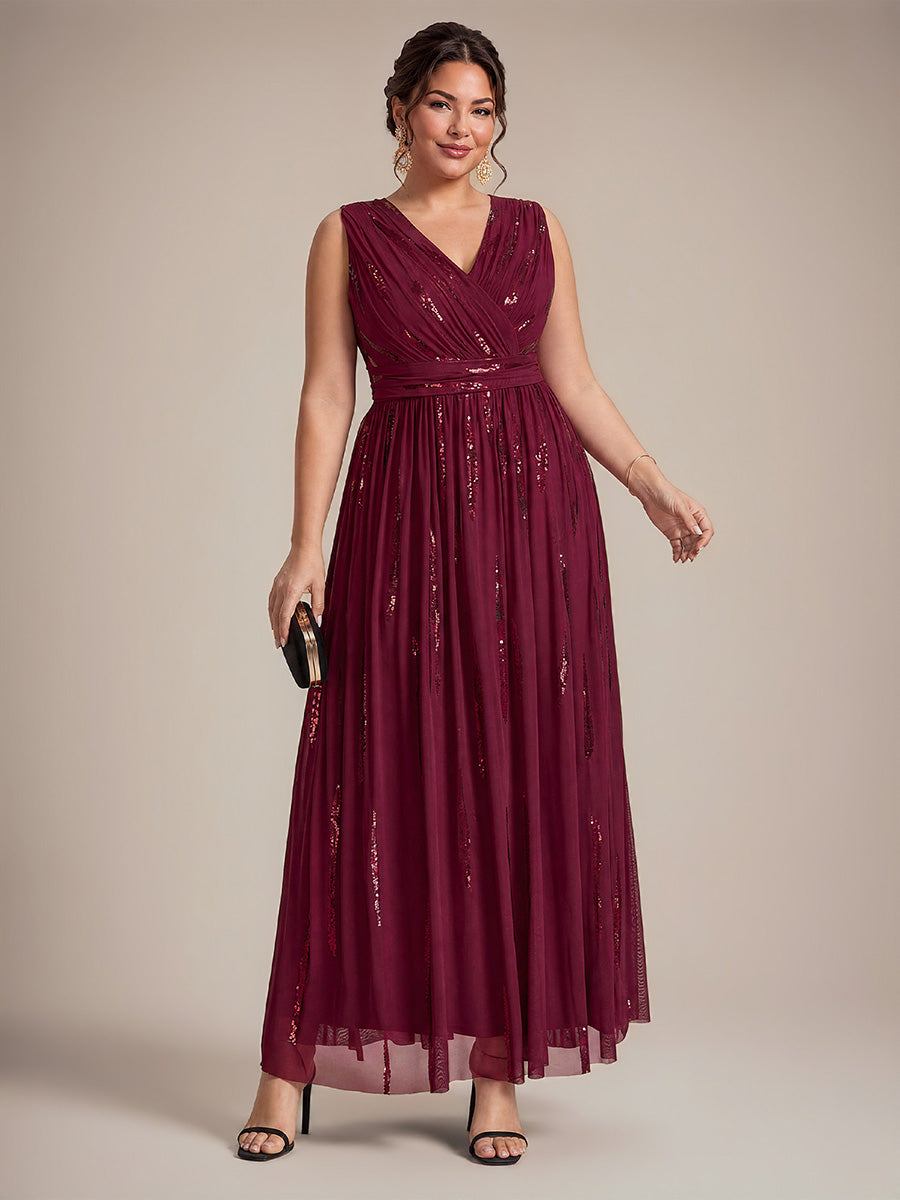Tulle Sequin Sleeveless A-Line Evening Dress #color_Burgundy