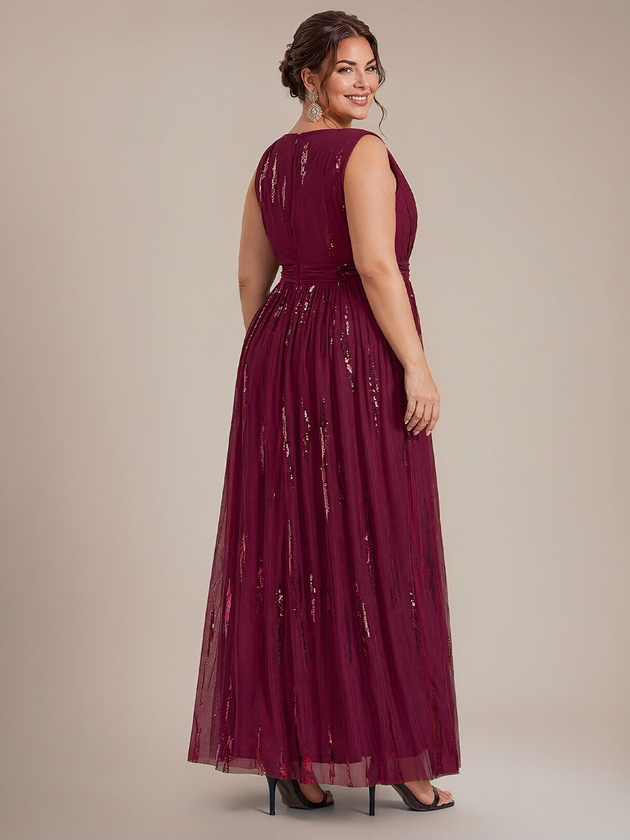 Tulle Sequin Sleeveless A-Line Evening Dress #color_Burgundy