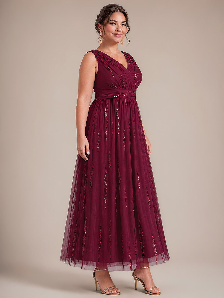 Tulle Sequin Sleeveless A-Line Evening Dress #color_Burgundy